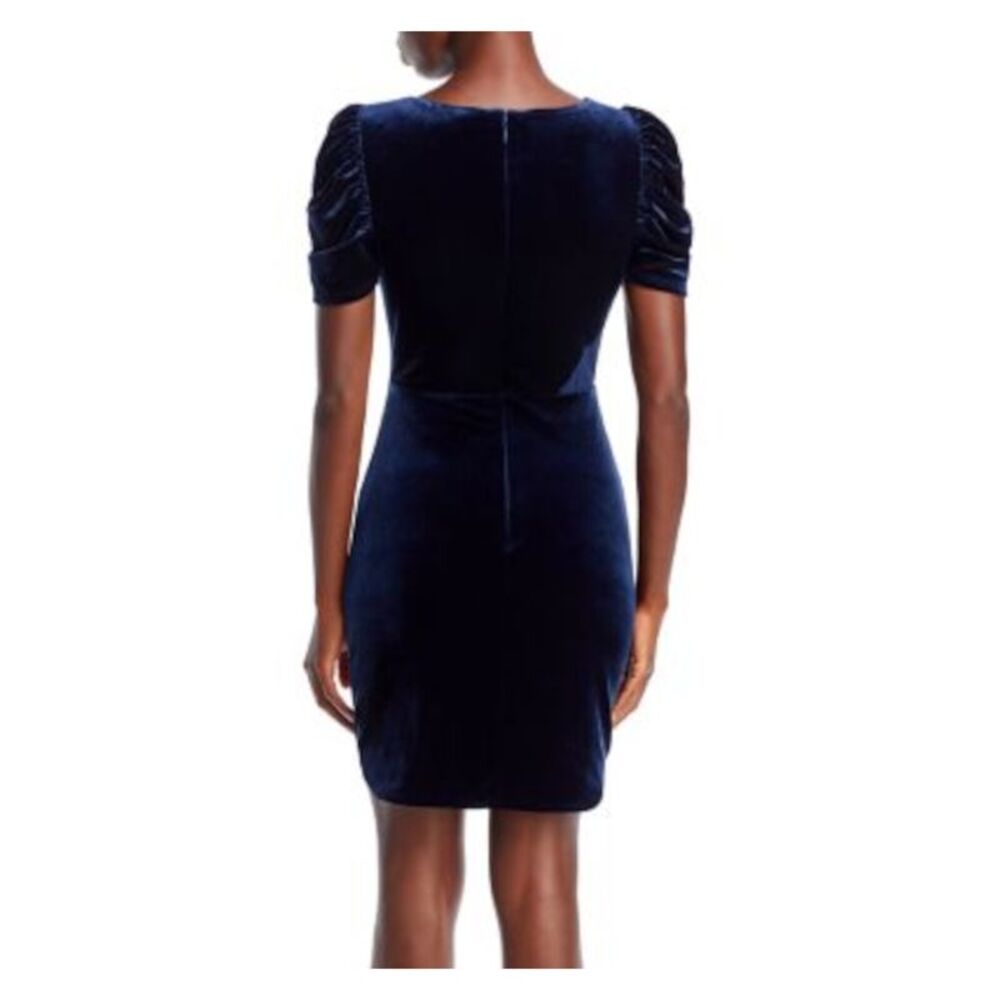BCBG MAXAZRIA Womens Navy Mesh Side Panel Draped Skirt Pouf Sleeve Short Dress M - Picture 2 of 2
